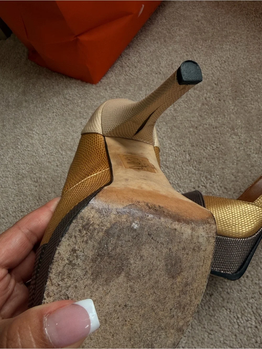 Fendi Two-Tone Bronze and Gold Peep-Toe Heels